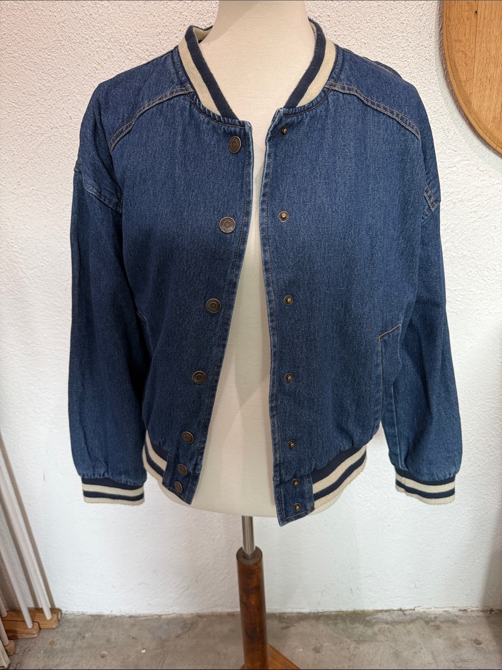 Blu Pepper Denim Bomber Jacket in Navy with Cream Trim